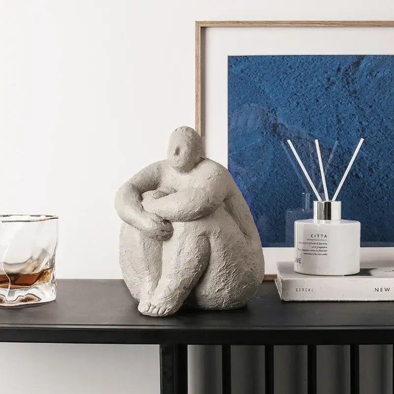 Gray textured resin decorbites abstract fat lady figurine of seated vintage woman for home decor ornaments