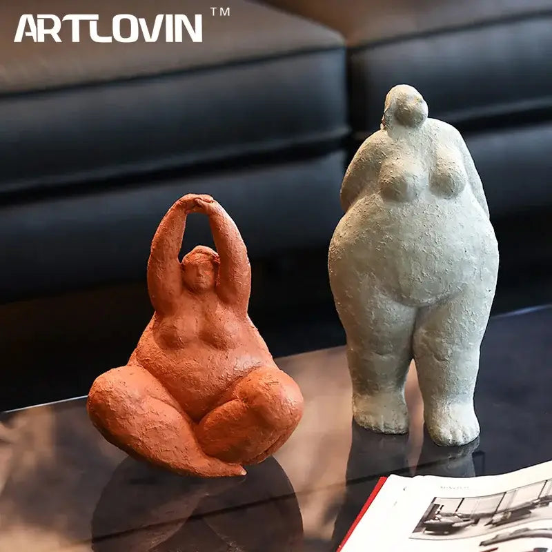 Two decorbites abstract fat lady resin figurines in terracotta and pale gray for vintage home decor ornaments