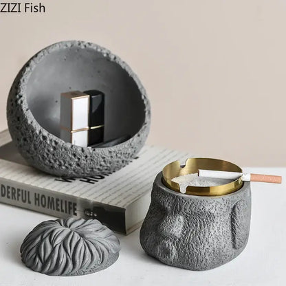 Decorbites™ gray concrete portraits cement ashtray with gold rim and brain-shaped lid for smoking accessories gift