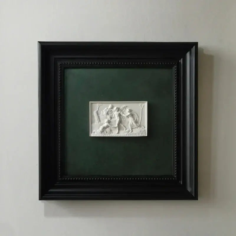 White decorative painting featuring decorbites abstract figure relief sculpture in a black framed wall decoration
