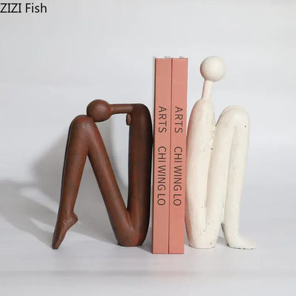 Brown and white decorbites abstract figure resin sculpture bookends with smooth sculpted forms for modern desk decor