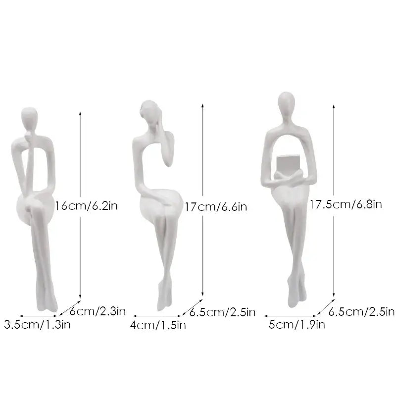 Three minimalist white resin decorbites abstract figurines set depicting stylized seated women for home and office decor
