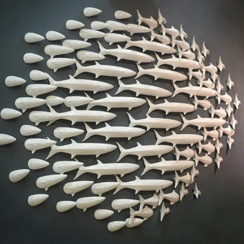 Decorbites abstract fish ceramic wall decoration 5-piece set of white shark sculptures arranged in flowing formation