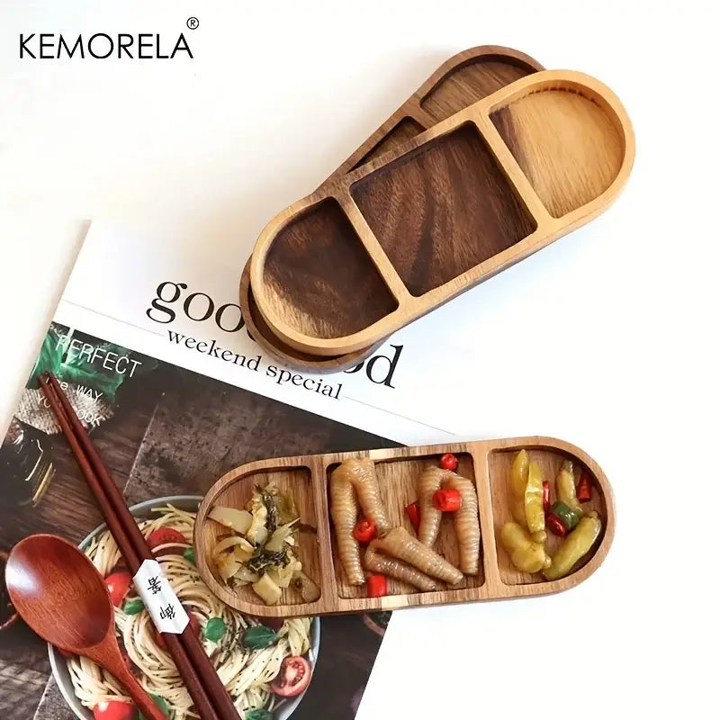 Decorbites™ acacia wood oval dip plate with three compartments features natural wood grain and smooth edges