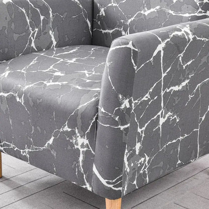 Gray accent chair with white marble-patterned fabric cover and light wooden legs for decorbites accent chair slipcover