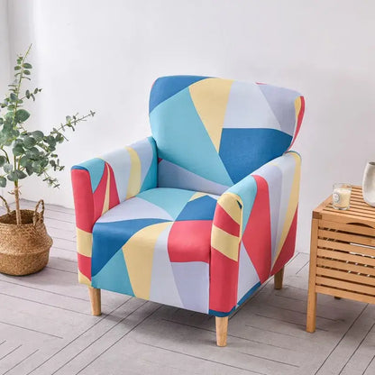 DecorBites™ accent chair cover slipcovers in vibrant blue red yellow and white geometric stretch fabric