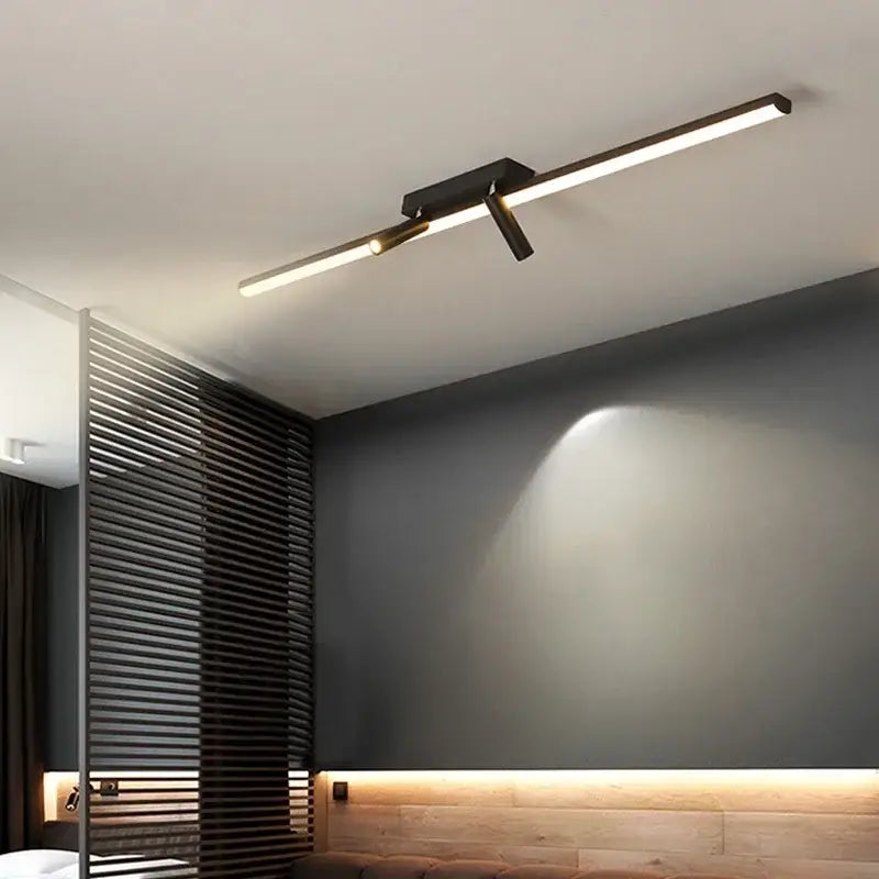 Modern black strip led chandelier by DecorBites with acrylic black strip and adjustable brass spotlight for indoor use