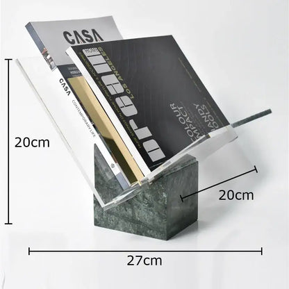 Decorbites™ acrylic bookshelf with a sleek transparent design and dark green marble base for modern home decor organization