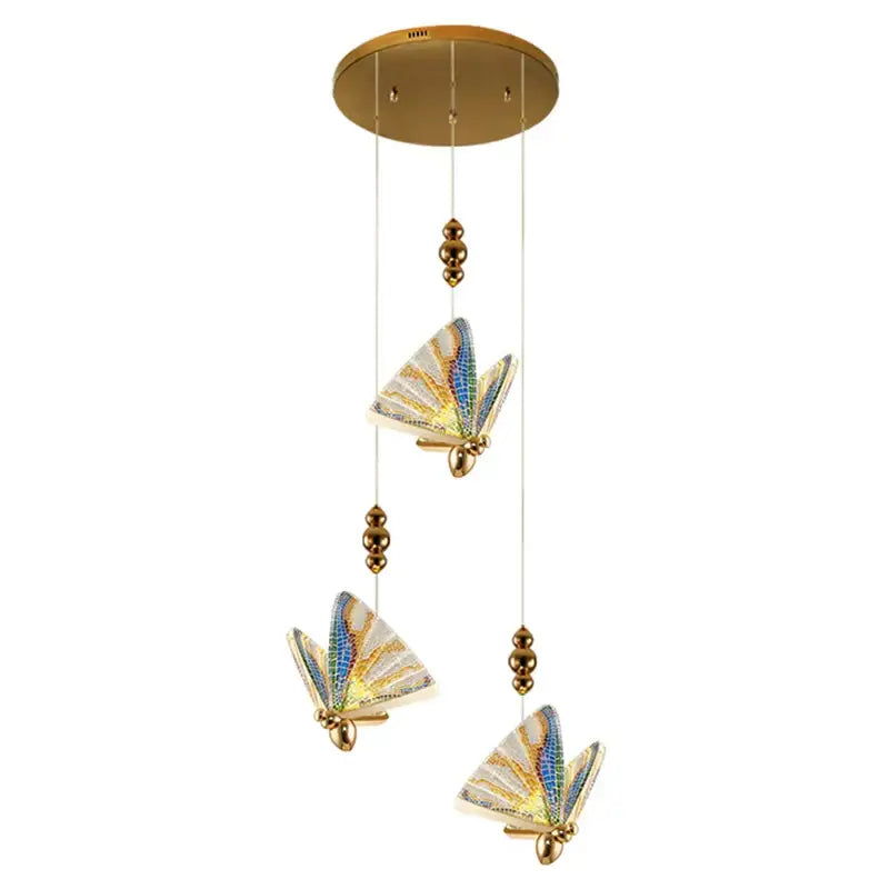 Gold-toned acrylic butterfly chandelier ceiling lamp with three ornate iridescent mosaic butterfly pendants for indoor lighting