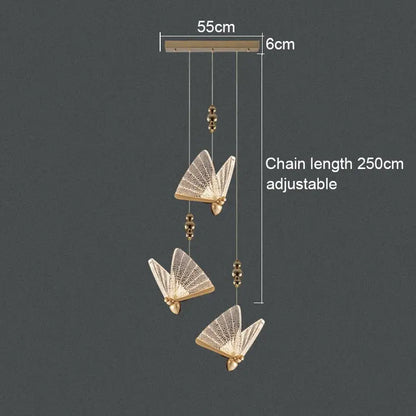 Gold-toned acrylic butterfly chandelier ceiling lamp with intricate lace-like detailing and adjustable chain for indoor lighting