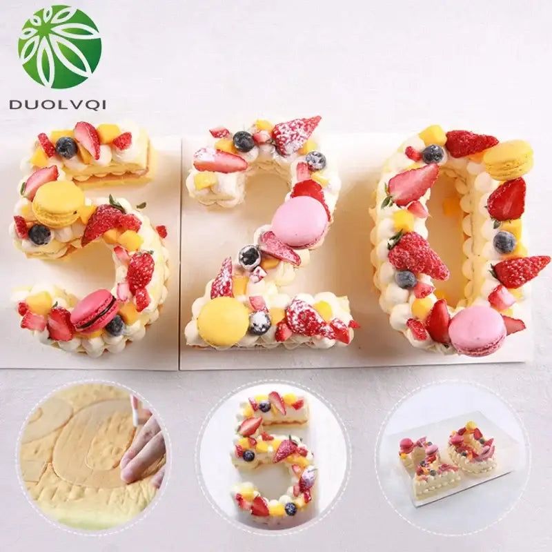 A vibrant fruit topped number 20 cake decorated using the decorbites acrylic cake decorating stencil set for sugar fondant