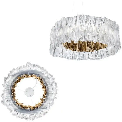 DecorBites acrylic ceiling chandelier with gold inner ring and clear ruffled glass panels for art restaurant hotel use