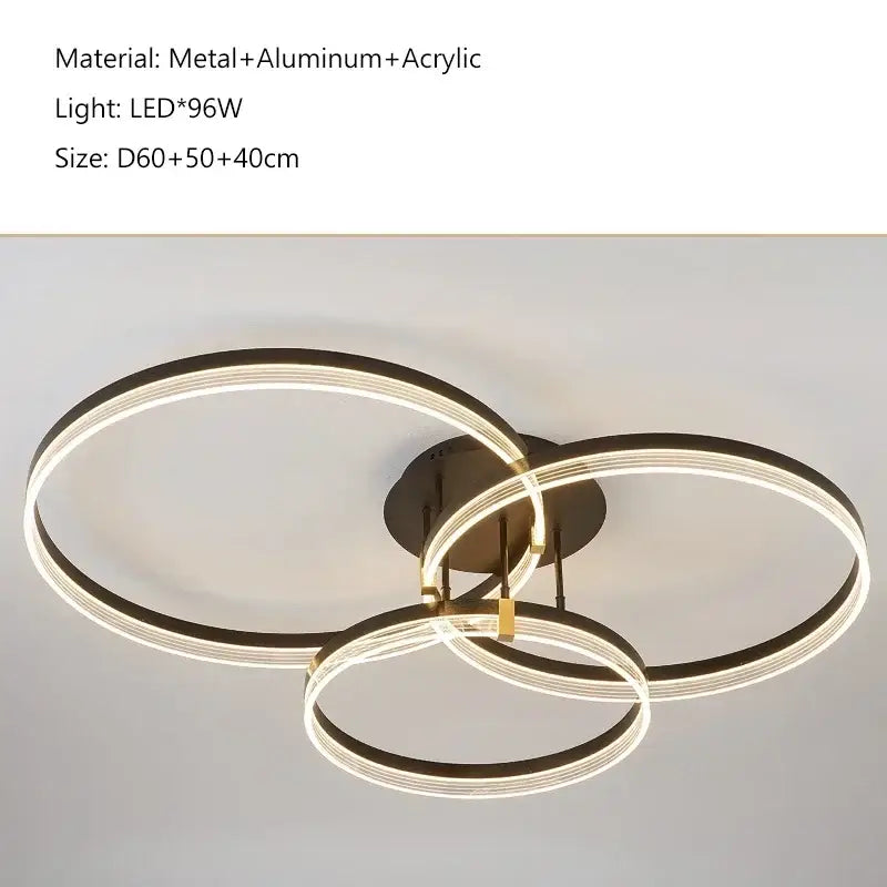 Modern minimalist DecorBites acrylic ceiling chandelier with interlocking metal rings and aluminum accents for living room