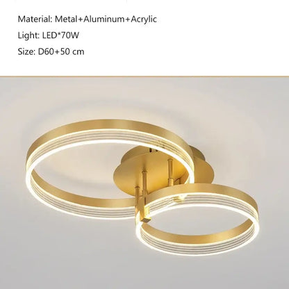 Modern gold-toned acrylic ceiling chandelier with two interlocking rings and led lighting for living room decoration