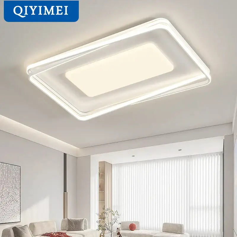 Modern rectangular DecorBites acrylic chandelier with sleek white acrylic frame and soft diffused minimalist indoor light