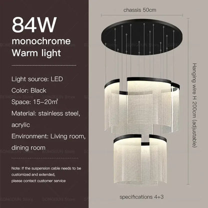 Black acrylic chandelier with three tiered shades suspended from stainless steel chassis for modern nordic style lighting