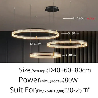 Modern minimalist black and gold DecorBites™ acrylic circle chandelier pendant lights with concentric rings for living room