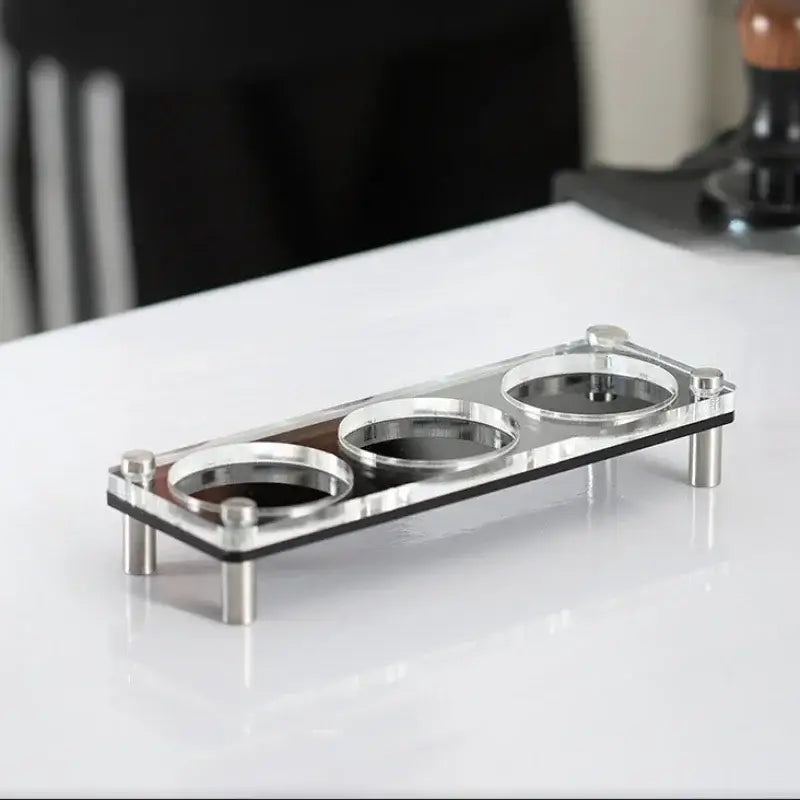DecorBites acrylic coffee bar utensil rack with clear acrylic dripper, three metal wells, and silver-toned powder press legs