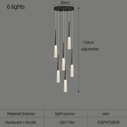 DecorBites™ modern black and white acrylic cone pendant light with six adjustable led lights for villa stair and kitchen