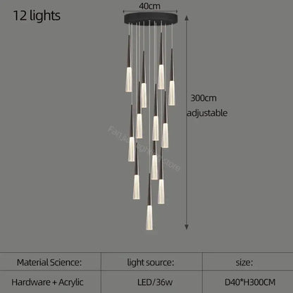 Decorbites acrylic cone pendant light in black and white with 12 led lights for villa stair kitchen and restaurant