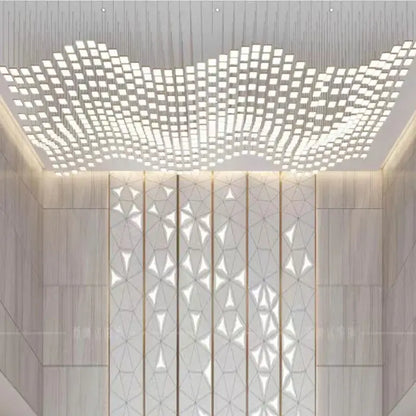 DecorBites™ modern acrylic crystal hanging pendant light with geometric square panels emitting soft white light for living room