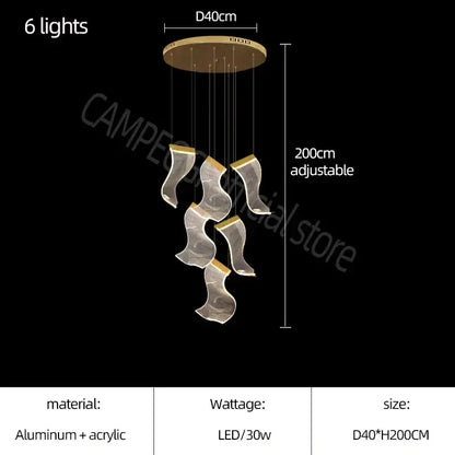 Modern gold-toned decorbites acrylic deluxe staircase chandelier with six flowing acrylic light fixtures on aluminum base