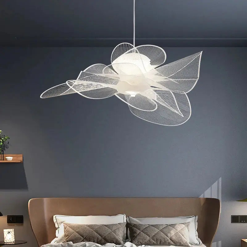 White wireframe acrylic flower chandelier pendant light with delicate layered petal design for modern interiors