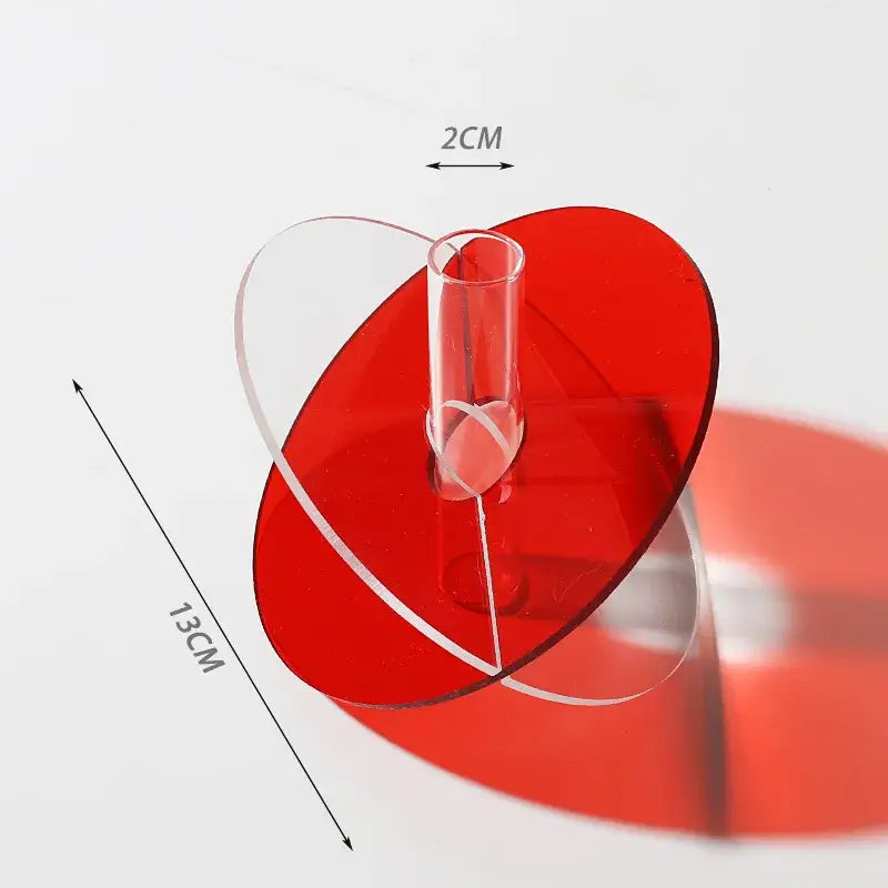 DecorBites™ acrylic flower vase with red translucent heart-shaped acrylic body and clear glass tube insert for home or office