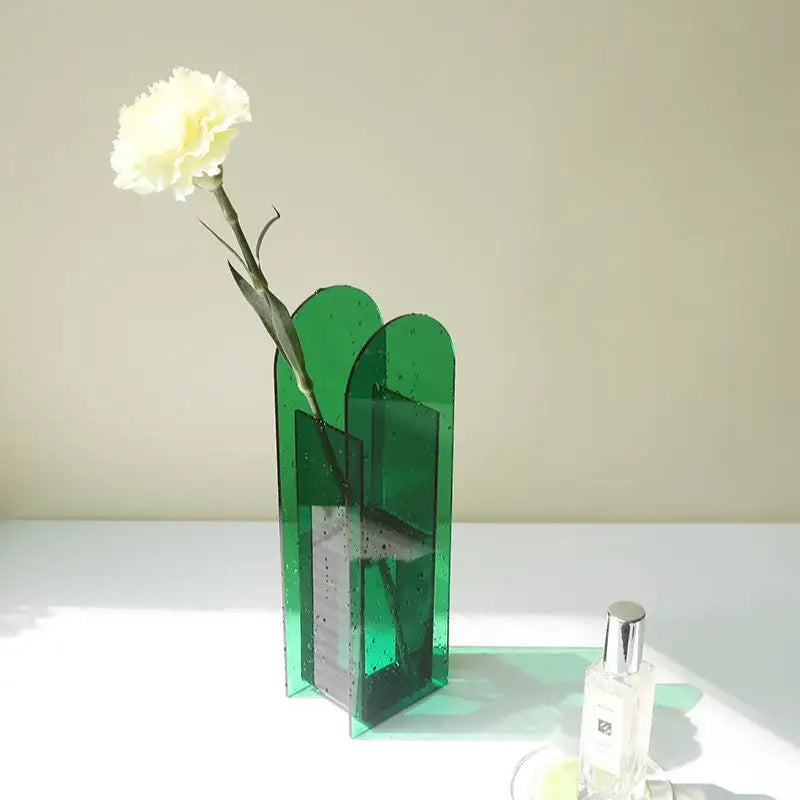 Emerald green translucent acrylic flower vase with modern geometric design for home office DecorBites acrylic flower vase