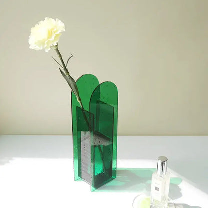 Emerald green translucent acrylic flower vase with modern geometric design for home office DecorBites acrylic flower vase