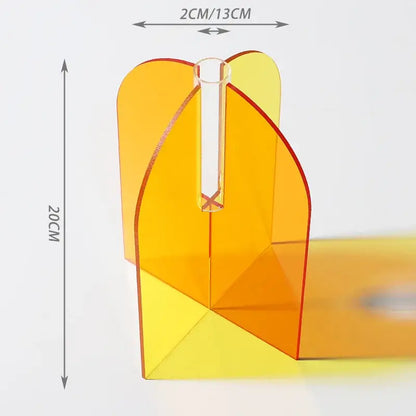 DecorBites™ translucent orange acrylic flower vase with central glass tube in modern geometric design for home office