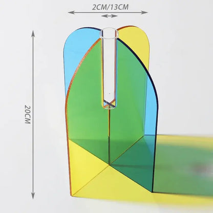 DecorBites™ acrylic flower vase with geometric design, blue green yellow panels, and central glass tube for home office