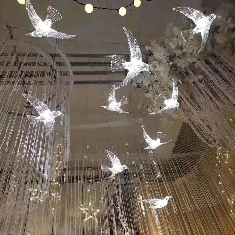 Illuminated white acrylic flying birds led lamp hanging from ceiling for decorbites™ wedding party stage décor