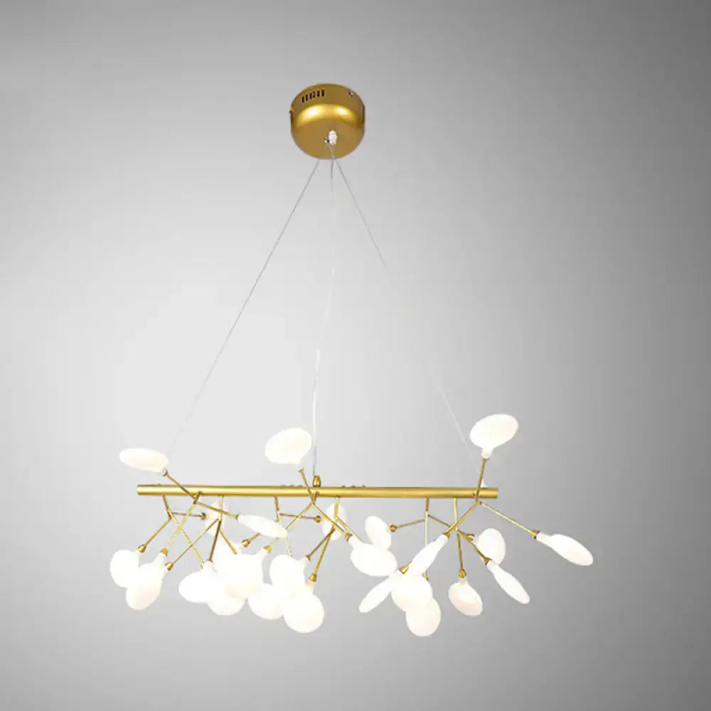 Gold-toned DecorBites™ acrylic leaf-shaped led hanging light fixture with white glass pendants for modern island lighting
