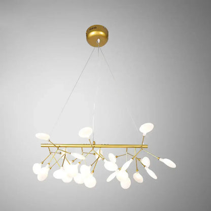 Gold-toned DecorBites™ acrylic leaf-shaped led hanging light fixture with white glass pendants for modern island lighting