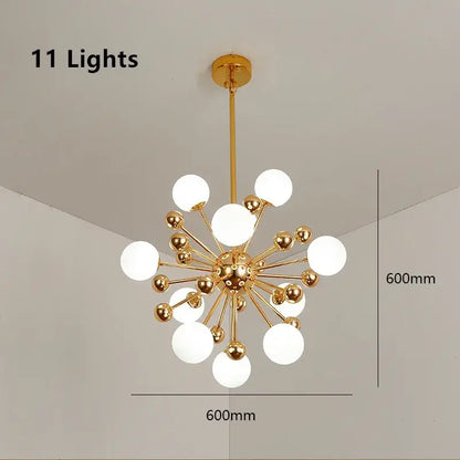 Gold-finished decorbites acrylic molecule chandelier with 11 frosted glass globes in starburst design for dining room