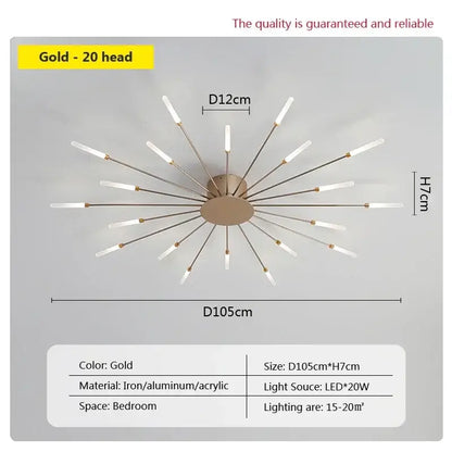 Gold modern ceiling lamp with 20 slender arms and frosted acrylic lamp heads decorbites acrylic sunflower ceiling