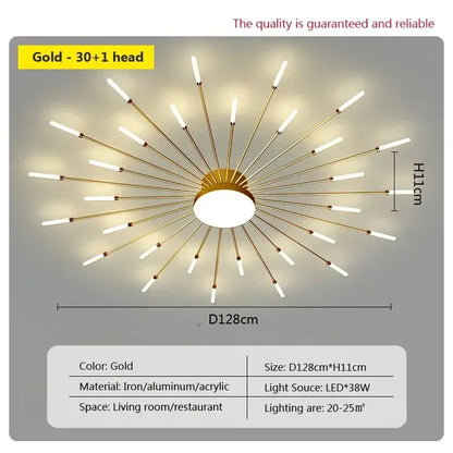 Gold-colored decorbites acrylic sunflower ceiling lamp with 30 slender arms and led bulbs for living room starburst lighting