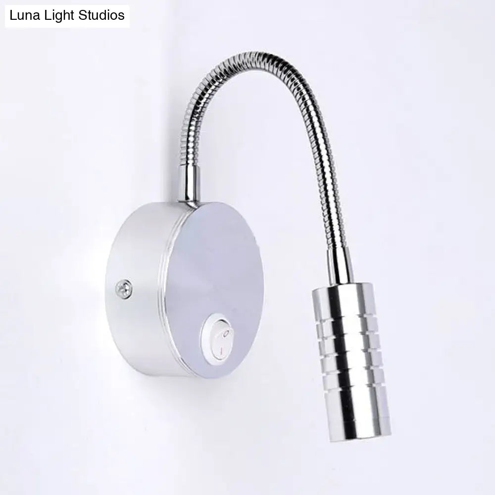 Modern chrome gooseneck cylinder wall mount reading lamp with adjustable silver chrome finish and flexible arm for bedroom use