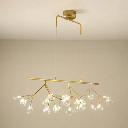 Gold-toned firefly metal pendant chandelier with adjustable hanging cord and 27 clear glass globe bulbs for bedroom lighting