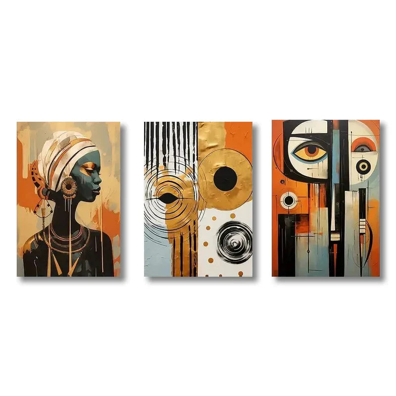 DecorBites™ african abstract wall art set of three canvases with bold geometric patterns in warm tones