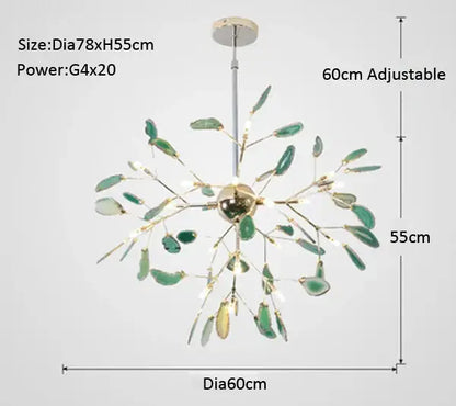 Green leaf-shaped glass pendant chandelier with brass fixture and adjustable height in decorbites agate branch chandelier design