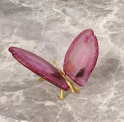 Delicate pink decorbites agate butterfly ornament with gold-toned metallic wings for living room brass decor
