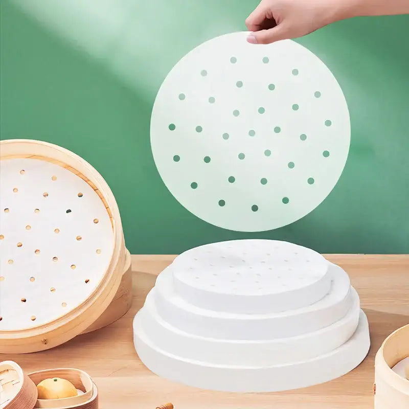 White perforated bamboo steamer liner from decorbites air fryer steamer papers 100pcs non-stick fryer steamer papers
