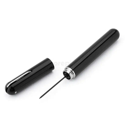 Black cylindrical eyeliner pencil with glossy finish and silver accents shown with DecorBites™ air pump corkscrew wine opener kit