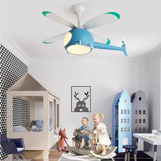 Blue helicopter-shaped decorbites™ aircraft ceiling fan chandelier with led light and remote dimming fixture