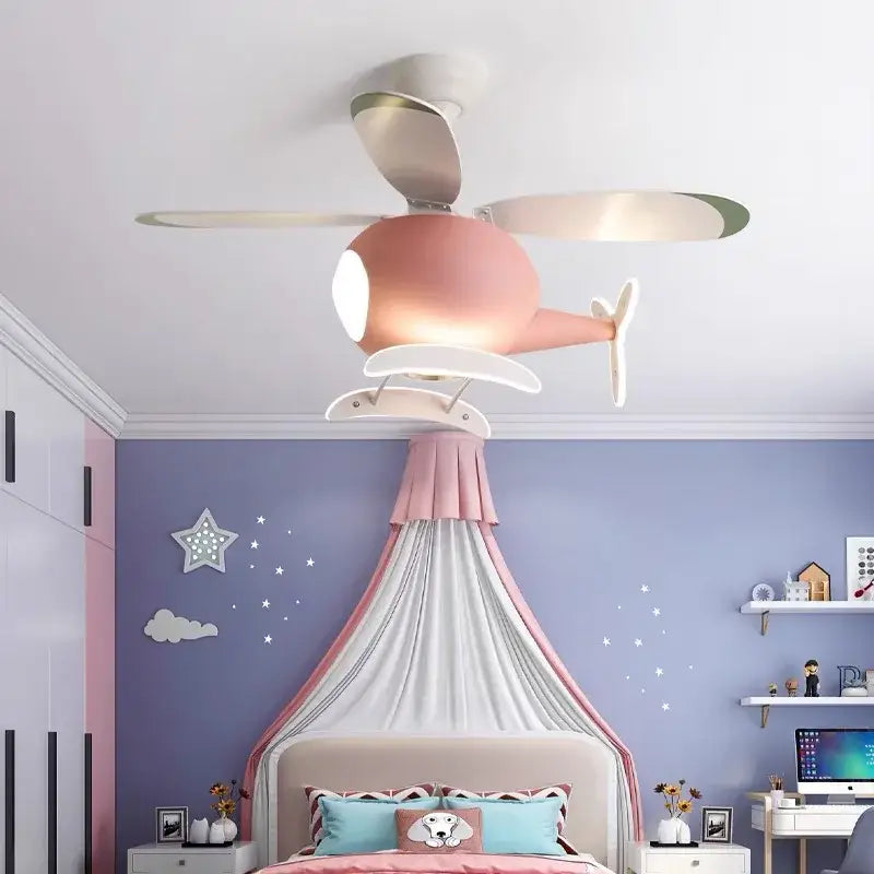 DecorBites aircraft ceiling fan chandelier in pastel pink with white propellers and LED light fixture with remote dimming
