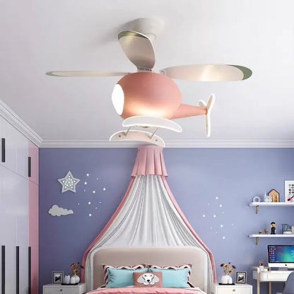 DecorBites aircraft ceiling fan chandelier in pastel pink with white propellers and LED light fixture with remote dimming