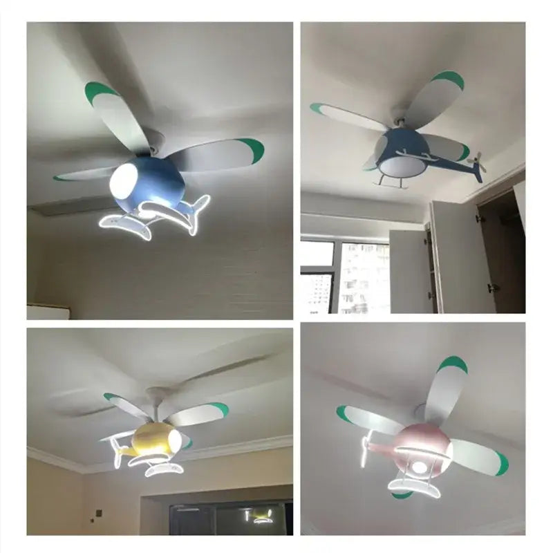 DecorBites™ aircraft ceiling fan chandelier with white and green blades and a soft glowing LED light fixture with remote dimming