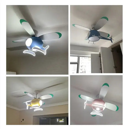 DecorBites™ aircraft ceiling fan chandelier with white and green blades and a soft glowing LED light fixture with remote dimming